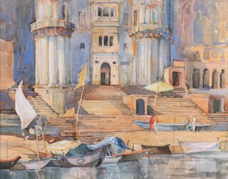 John Drummond (Irish 1920+) figures before an Indian temple, watercolour signed 29cm x 36cm, in a painted frame  
