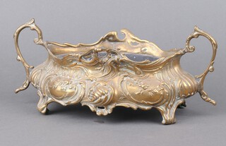 An Art Nouveau style boat shaped cast brass twin handled jardiniere with aluminium liner 11cm x 34cm x 15cm 