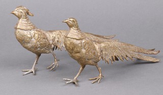 A pair of brass table ornaments in the form of walking pheasants 12cm x 29cm 
