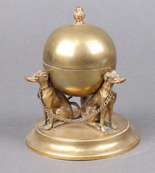 A Victorian brass inkwell in the form of a globe supported by 3 chained greyhounds, raised on a circular base, the interior now fitted a table lighter, 12cm x 11cm 