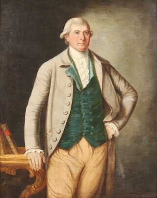 Robert Taylor (British, active 1737-1755) Full Length Portrait of a Gentleman wearing a grey jacket, green waistcoat and white stock with his right hand resting on a table with books, identified as James Pilling of Altrincham, 18th century oil on canvas, signed R. Taylor Pinx lower right recto, Christie's stencil verso, 125cm x 100cm, within a stained wood frame 