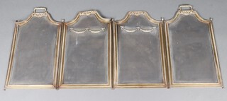 A Continental pierced brass and mesh, arch shaped, 4 fold spark guard with swag decoration and pineapple finials 56cm x 121cm  
