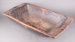 An 18th Century rectangular hardwood pickling/salting tray with old iron repairs 19cm h x 82cm w x 41cm d 