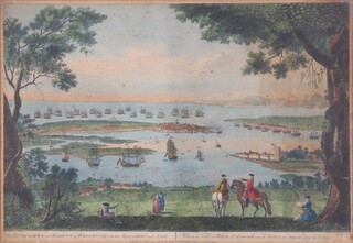 J Cotin, "A view of the town and the harbour of Portsmouth with His Majesty's fleet under sail" 18th Century coloured engraving, published 12th May 1794 by Laurie and Whittle, 53 Fleet Street, London, 31cm x 45cm, in an ebonised frame 