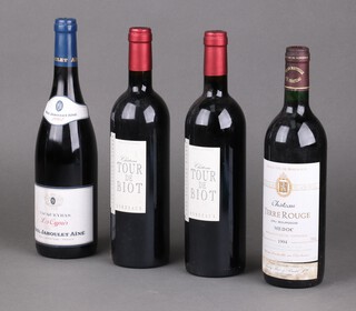 A bottle of 1994 Chateau Terre Rouge Cru Bourgeois Medoc, 2 bottles of 2005 Chateau Tour de Biot red wine and a 2007 Paul Jaboulet Aine Vacqueyras Les Cypres Rouge red wine 