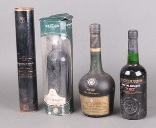 A 70cl bottle of Cockburn Special Reserve port, a 75cl bottle of 1994 Graham's Late Bottle Vintage port, a litre of Courvoisier Cognac and a 375ml bottle of Jackson-Triggs Proprietors Reserve Vidal Icewine 