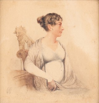 Adam Buck (1759-1833), miniature, study of a seated lady before a harp, watercolour, label on verso and Christies stencil number on reverse, 13cm x 13cm  