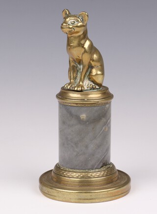 A 19th Century polished bronze figure of a seated cat, raised on a grey marble column with brass base, 15.5cm 