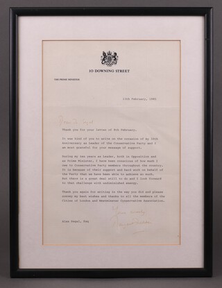 Margaret Thatcher, a typed letter on 10 Downing Street note paper, dated 13th February 1985, hand written Dear Mr Segal and signed Yours sincerely Margaret Thatcher, 29cm x 19cm, framed 