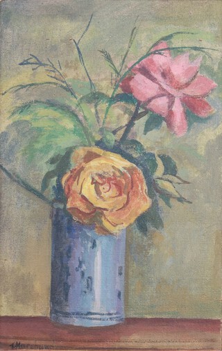 Jean Hippolyte Marchand (French 1883-1940), still life study of flowers in a blue pot,  oil on canvas, label on verso Galerie Andre Maurice 140 Boulevard Houssmann Paris, 14.5cm x 26.5cm, in a moulded carved frame 