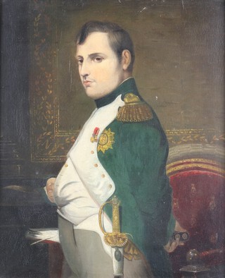 After Hippolyte-Paul Delaroche (French 1797-1856) - Emperor Napoleon in his study, 19th Century oil on canvas 35.5cm x 29.5cm, within a gilt composition frame.  Note: the present work is a copy of Delaroche's painting, originally commissioned in 1838 by Louisa, the 6th Countess of Sandwich.  Delaroche portrays Napoleon in the attire of a Colonel of the Grenadiers de la Garde a' Pied, standing in his office at the Tuileries Palace.   Delaroche's portrait draws inspiration from elements of David's renowned Portrait of Napoleon in his study (1812, National Gallery, Washington), reflected in both the pose and uniform