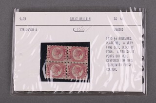 Great Britain 1870 1/2d Rose-Red plate 11.  A very fine O.G. block of four stamps. (A few split serfs but well centred for this issue with fresh colour).  Unused. SG48. 9.03. 178.24348A, as purchased from Stanley Gibbons in 1978