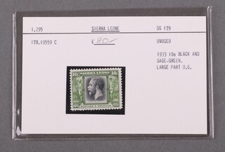 Sierra Leone 1933, a 10s black and sage-green stamp.  Unused.  Large part 0.G. SG179. 1.295. 178.19559C, as purchased from Stanley Gibbons in 1978