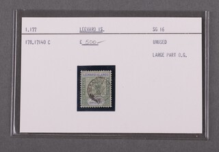 Leeward Islands.  A Five shillings stamp.  No details given, but appears to be light greet.  Described as unused but appears to have a type of franking mark.  Said to be large part O.G. SG 16. 1.177. 178.17140 C, as purchased from Stanley Gibbons in 1978
