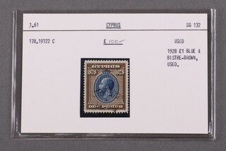 Cyprus 1928 one pound Blue and bistre-brown stamp, used.  SG132. 1.61. 178.19722 C, as purchased from Stanley Gibbons in 1978