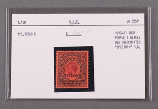 East Africa and Uganda Protectorates.  1912-21 100 Rupee purple and black/red stamp, overprinted "specimen".  O.G. SG 62SP. 1.168. 178.19240C, as purchased from Stanley Gibbons in 1978