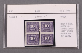 Canada block of four used 10 cents stamps, O.G. showing variety imperf between horizontally. Very scarce. SG D 13 VAT. 1.52. 5.13102 C, as purchased from Stanley Gibbons in 1978