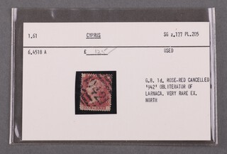 Cyprus. Queen Victoria G.B. 1d. stamp, used.  Rose-red  cancelled "942" Obliterator of Larnaca.  Very rare Ex. North SG z.177 PL.205. 1.61. 6.4518 A, as purchased from Stanley Gibbons in 1978