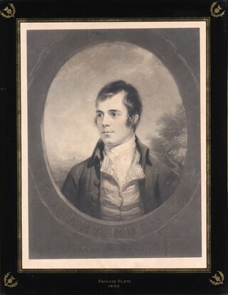 A 19th Century engraving, half length study of Robert Burns, born MDCCLIX died MDCCXCVI, contained in a eglomise mount with thistle corners, inscribed Private plate 1830, contained in a gilt wood frame with shell corners 50cm x 39cm 