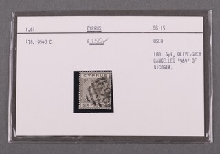 Cyprus 1881, 6pi stamp, olive grey cancelled "969" of Nicosia.  Used.  SG 15. 1.61. 178.194540 C, as purchased from Stanley Gibbons in 1978