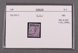Gibraltar 1886 6d stamp, deep lilac, scarce.  Used. SG 6. 1.88 178.19727 C, as purchased from Stanley Gibbons in 1978