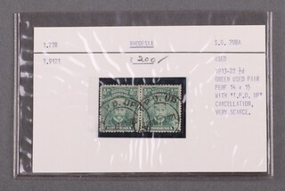Rhodesia 1913-22 1/2d stamp, green used pair perf 14 x 15 with "T.P.O. UP" cancellation.  Very scarce.  S.G.208A. 1.278. 7.9121, as purchased from Stanley Gibbons in 1978