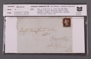 Great Britain.  Cover. 1840 1d. stamp. Black Plate 1a.  A very fine used example lettered TH tied by a red Maltese cross to a cover addressed to solicitors in Oswestry.  The reverse bears a datestamp for MY.21.1840.  A scarce item.  0.01. 178.24254 A, as purchased from Stanley Gibbons in 1978