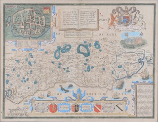 A 17th Century double side Map of Sussex by Jodicus Hondius, John Speede and John Norden - "Sussex, described and divided",  hand coloured etching with index of rapes verso