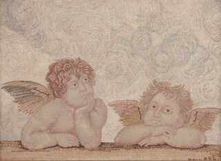 19th Century needlepoint embroidery of 2 contemplative angels 22cm x 29cm, in a wooden frame  
