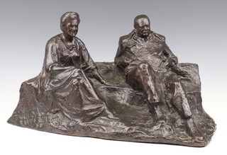 **Oscar Nemon (1906-1985) - "Married Love" (Sir Winston Churchill and Clementine Ogilvy Spencer Churchill, Baroness Spencer-Churchill), cast bronze, number five from the edition of fifteen, signed and editioned, 44.5cm wide x 24cm high x 23cm deep.  Note: After the full-scale work now installed in the grounds of Chartwell, Winston Churchill's home in Kent, "Married Love" was created in 1978 at Lady Churchill's request. Captivated by Nemon's earlier portrayal of her husband at Westerham Green, she remarked, "This is how I see him and that is how I love him." Lady Churchill agreed to sit for Nemon at her London residence, enabling him to incorporate her likeness alongside Churchill's in the final sculpture ** Please Note - Artists Re-Sale Rights may be payable on this lot 