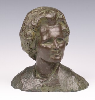 **Oscar Nemon (1906-1985), a bronzed resin bust of The Right Hon Baroness Margaret Thatcher, signed 16.5cm ** Please Note - Artists Re-Sale Rights may be payable on this lot 