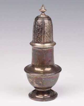 A Queen Anne style silver sugar shaker with pierced cover, London 1939, maker Goldsmiths and Silversmiths Company Ltd., 17cm, 194 grams 