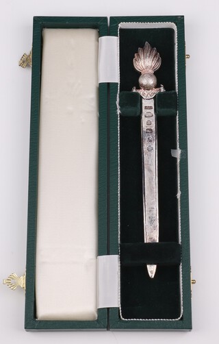 A commemorative silver paper knife having an HAC Grenade handle, inscribed "Clive Martin Lord Mayor of London 2000" 18.5cm, Sheffield 1999, boxed, maker James Dixon and Son, 64 grams