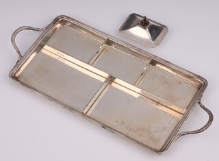 An Art Deco rectangular silver 2 handled compartmented, tray together with a silver burner, London 1938, maker Goldsmiths and Silversmiths Company Ltd., 36cm, 736 grams 