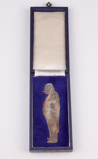 A novelty silver bookmark in the form of Sir Winston Churchill, inscribed "Winston Spencer Churchill" London 1975, maker Da-Mar Silverware, 11cm, 14.5 grams, cased 