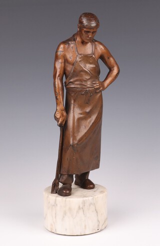 Attributed to Franz Iffland (German 1862-1935), a bronze figure of a standing blacksmith, holding a pair of large tongs in this right hand, his left hand on his hip, the statue 23cm, raised on a circular white marble base, total height 30cm 