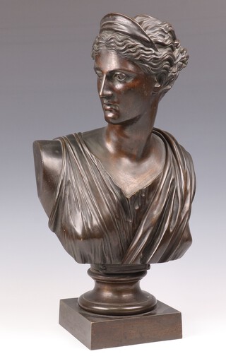 A 19th Century bronze classical bust of a lady looking right on a square plinth inscribed Msee du Louvre 44cm 
