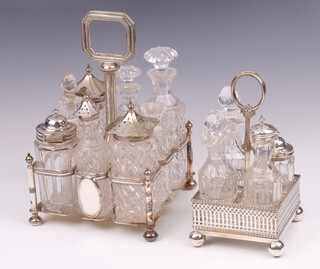 An Edwardian silver plated oak bottle cruet (1 bottle has been replaced, minor chips to all bottles) and a 4 bottle ditto (chips to bottles)