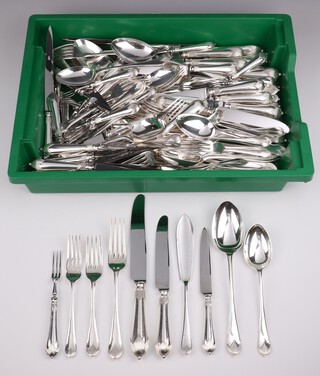 A quantity of silver plated cutlery for 12 comprising 12 fish forks, 12 fish knives, 12 dessert spoons, 12 serving spoons, 12 dinner forks, 12 dinner knives,
12 tea knives, 12 fruit knives, 12 fruit forks

