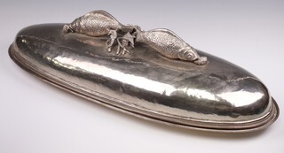 A mid-Century Portuguese oval silver plated fish dish and cover with twin fish handles with shells and sea horses 68cm 