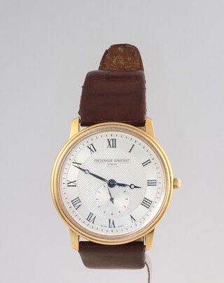 A gentleman's gilt cased Frederique Constant wristwatch with seconds at 6 o'clock on a leather strap 36mm 