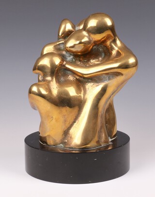 **Colin Webster Watson (British 1926-2007), an abstract polished bronze group of 3 naked figures in an embrace, signed Colin '69 4/6, raised on a circular black marble base 23cm ** Please Note - Artists Re-Sale Rights may be payable on this lot 