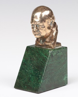 ** Oscar Nemon (1906-1985),  a miniature 9ct gold portrait bust of Churchill by Asprey & Co Ltd., stamped NEMON to the reverse, set on a slope fronted green malachite plinth, the bust 4.5cm, 8.5cm overall ** Please Note - Artists Re-Sale Rights may be payable on this lot 