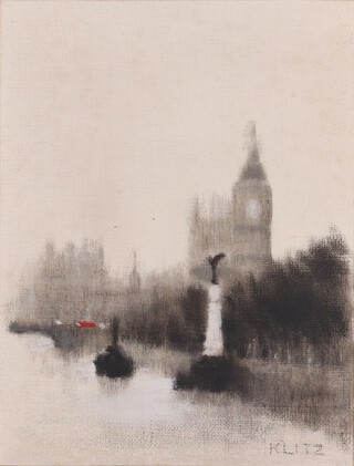 **Anthony Robert Klitz (British 1917-2000) - The River Thames and Victoria Embankment with the Royal Air Force Memorial and the Palace of Westminster beyond, oil on canvas, signed, 45cm x 35cm, within a hessian and gilt wood frame ** Please Note - Artists Re-Sale Rights may be payable on this lot 