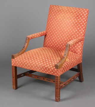 A Sheraton style carved and bleached mahogany open arm chair upholstered in peach and gilt fabric, raised on square supports with H framed stretcher 95cm h x 67cm w x 64cm d (seat 31cm x 37cm) 