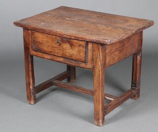 An 18th Century Continental oak side table, the top formed of 2 planks, fitted a frieze drawer, raised on square supports 69cm h x 90cm w x 63cm d 