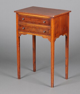 A reproduction Georgian crossbanded yew side table fitted 2 drawers, raised on square tapered supports 71cm h x 46cm w x 33cm d  
