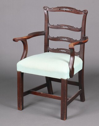 A Georgian mahogany London ladder back carver chair with overstuffed seat, raised on square and tapered supports with H framed stretcher 96cm h x 66cm w x 47cm d (seat 27cm x 30cm) 