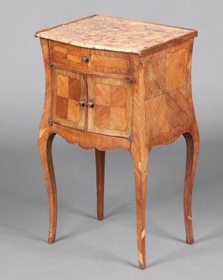 A 19th Century inlaid Kingwood bedside cabinet of serpentine outline and with pink veined marble top, fitted a drawer above a cupboard enclosed by a pair of panelled doors, raised on cabriole supports 69cm h x 40cm x 32cm 