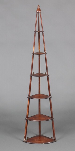 An Art Nouveau oak and beech 6 tier corner what-not stand, 142cm h x 36cm w x 25cm d 